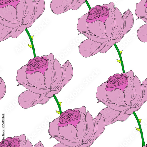 Vector seamless pattern with pink roses on white background. Colorfull natural tracery.