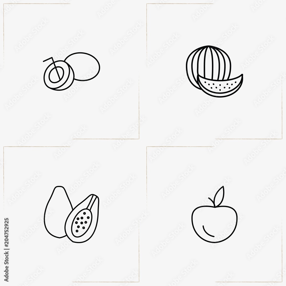 Berries And Fruits line icon set with watermelon, apple and coconut Berries And Fruits line icon set with watermelon, apple and coconut