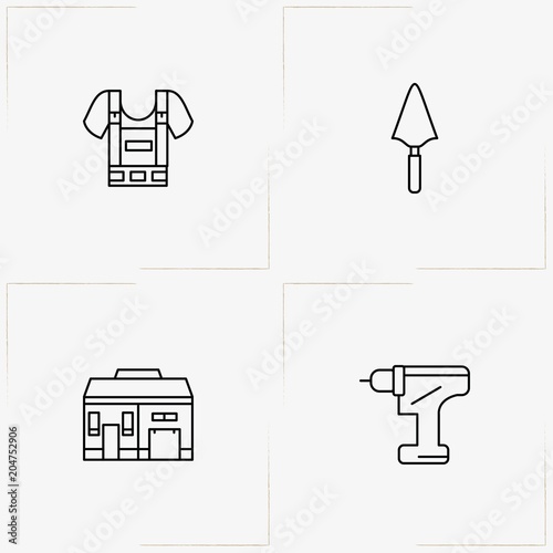 Construction line icon set with construction overalls , electrical screwdriver  and trowel