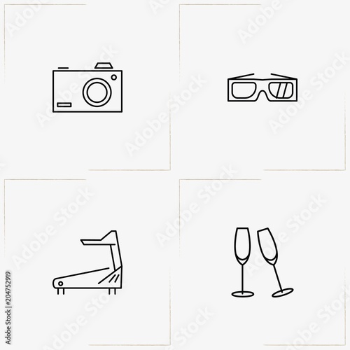 Entertaiment line icon set with stemware, photo camera and cinema spectacles