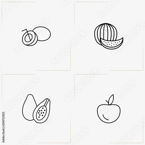 Berries And Fruits line icon set with watermelon, apple and coconut