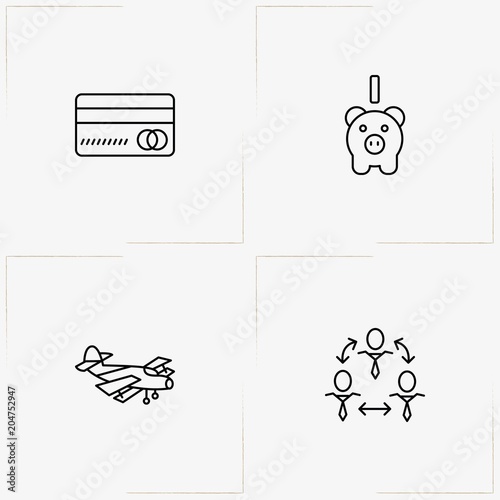 Economics line icon set with thrift box, airplane and credit card