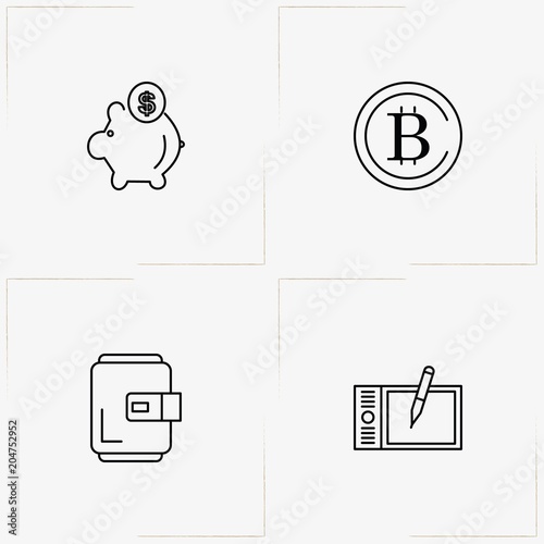 Economics line icon set with money box, tablet and bit coin