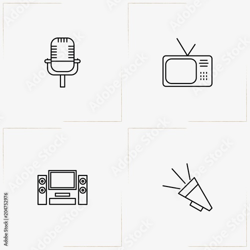 Cinema line icon set with home cinema , television and loudspeaker