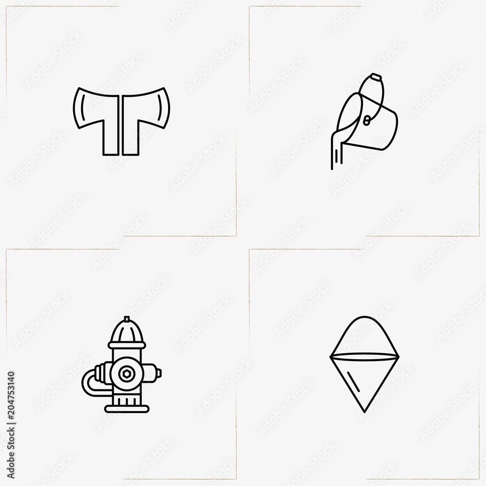 Firefighter line icon set with fireplug , hatchet and bucket of water