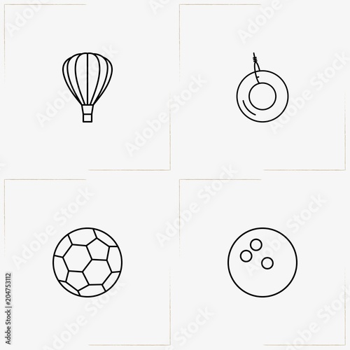 Entertaiment line icon set with air balloon, swing from tire and bowling ball