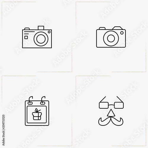 Birthday line icon set with birthday calendar, spectacle with mustache mask  and photo camera