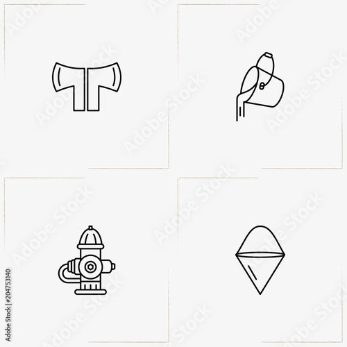 Firefighter line icon set with fireplug , hatchet and bucket of water