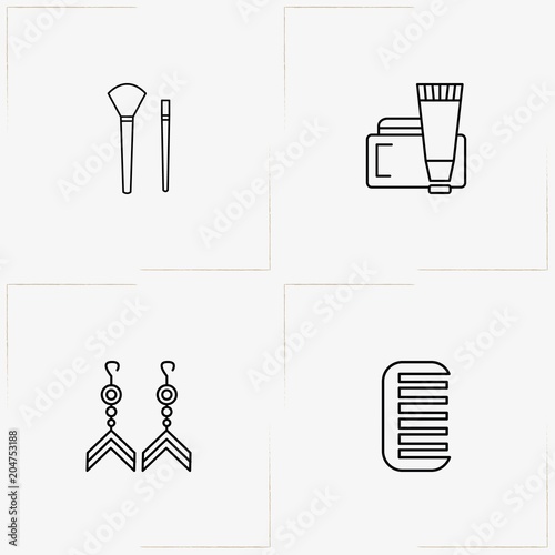 Beauty line icon set with earrings, make up brush  and comb
