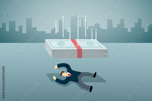 jackot business man lie down on the floor with folling down money.
