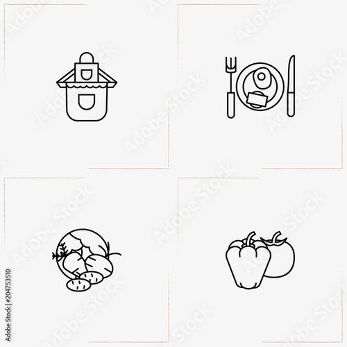 Cooking line icon set with apron, omelette on plate and vegetables