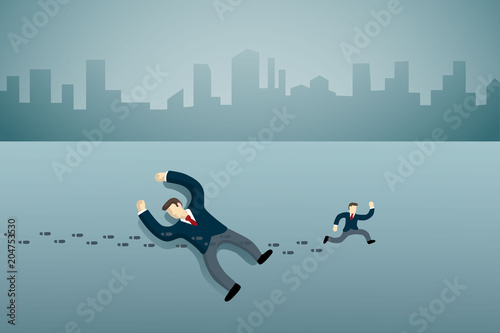 business man lie down on the floor with small businessman foot print.