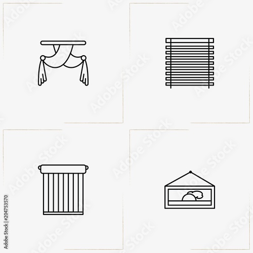 Decor line icon set with picture on wall , blinds and curtains
