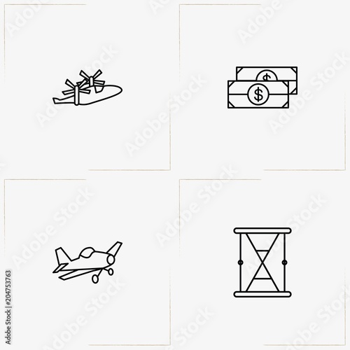 Economics line icon set with money, sand watch and airplane