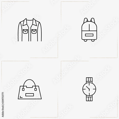 Fashion line icon set with lady bag, shirt and backpack
