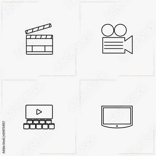 Cinema line icon set with clapper  , cinema hall  and television