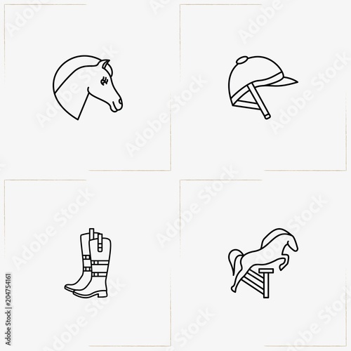 Equestrian Sport line icon set with horse, jockey helmet  and jockey shoe