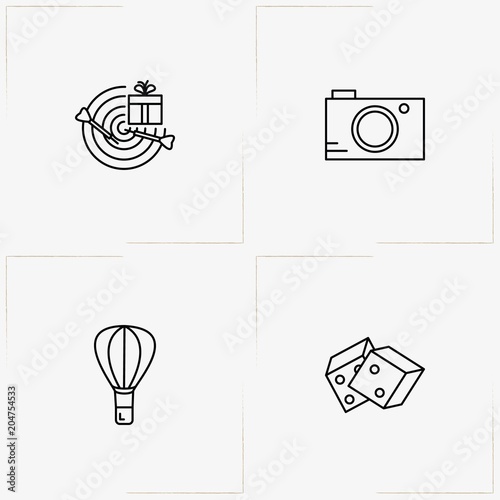Entertaiment line icon set with air balloon, darts and photo camera
