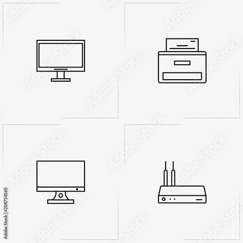 Computer line icon set with printer, computer monitor  and wireless network receiver