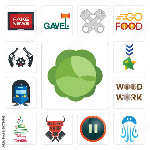 Set of cabbage, jellyfish, pause, butcher shop, merry christmas, woodwork, train station, military, revolver icons