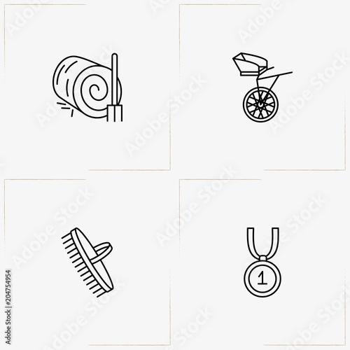 Equestrian Sport line icon set with jockey carriage , hay  and horse body comb