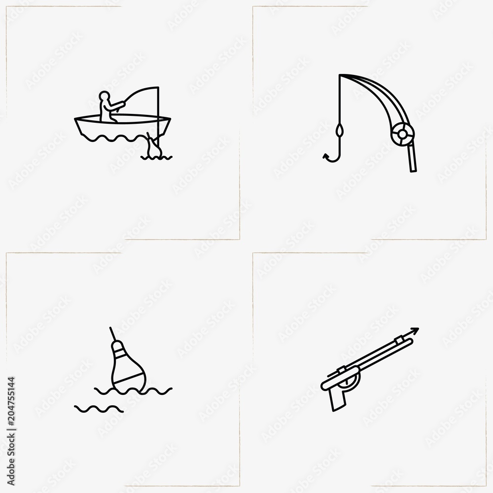 Fishing line icon set with fishing rod, fishing gun and float Fishing line icon set with fishing rod, fishing gun and float