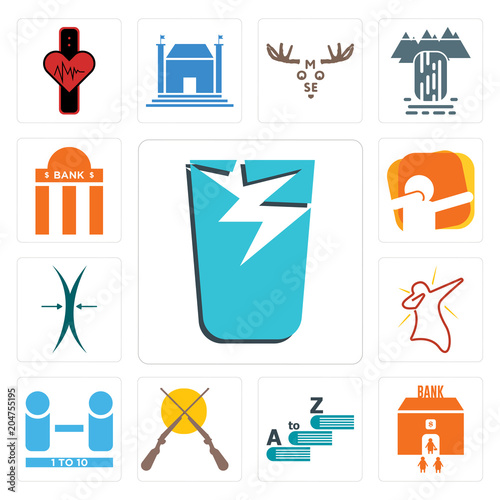 Set of broken glass, bank branch, vocabulary, shotgun, number players, dab, elastic, branch icons