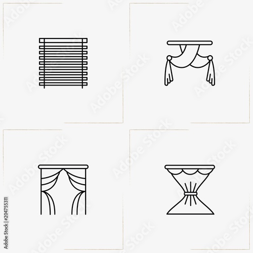 Curtains & Blinds line icon set with blinds and curtains