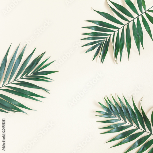 Leaf pattern. Green tropical palm leaves on pastel yellow background. Summer concept. Flat lay, top view, copy space, square