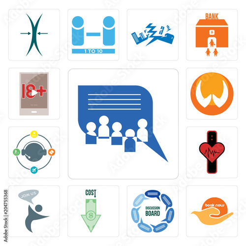 Set of discussion board, book now, cost uction, join us, tracker, travel agent, folded hands, xxx icons