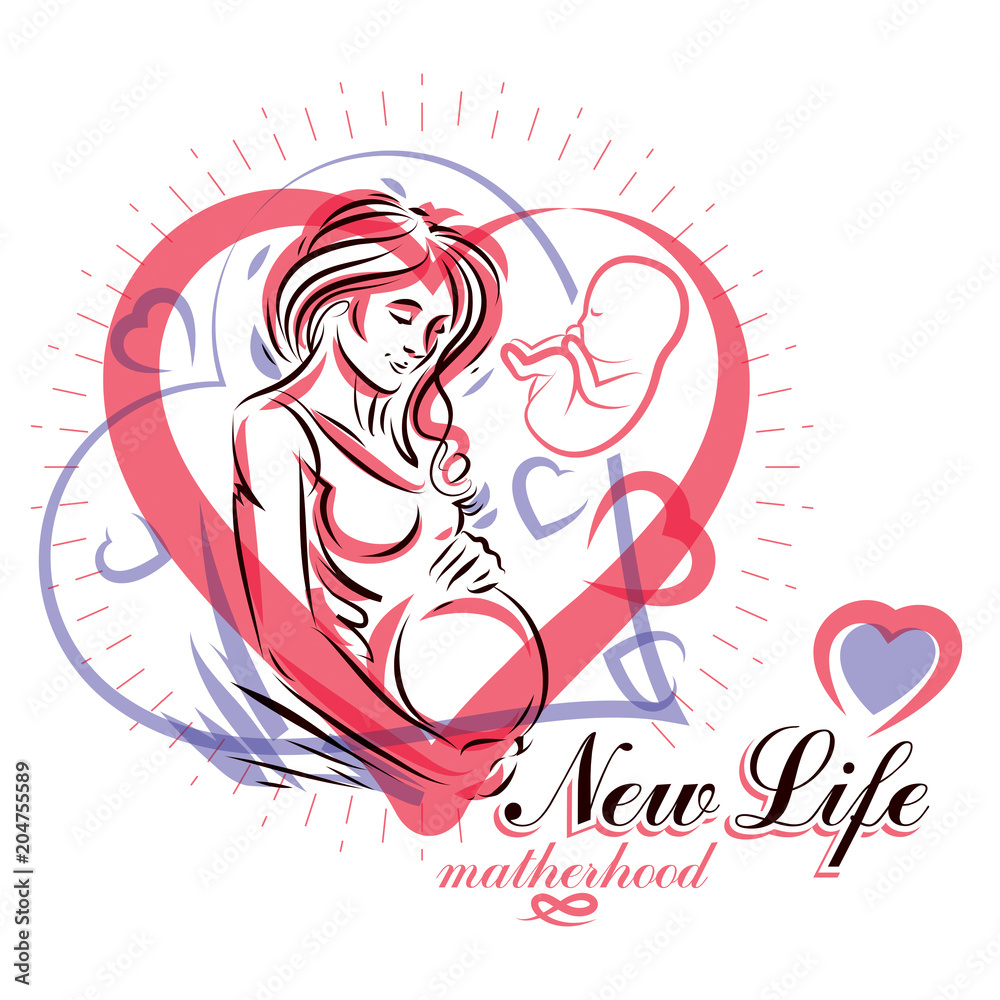 Fototapeta Vector hand-drawn illustration of pregnant elegant woman expecting baby, sketch. Obstetrics and gynecology clinic advertising banner