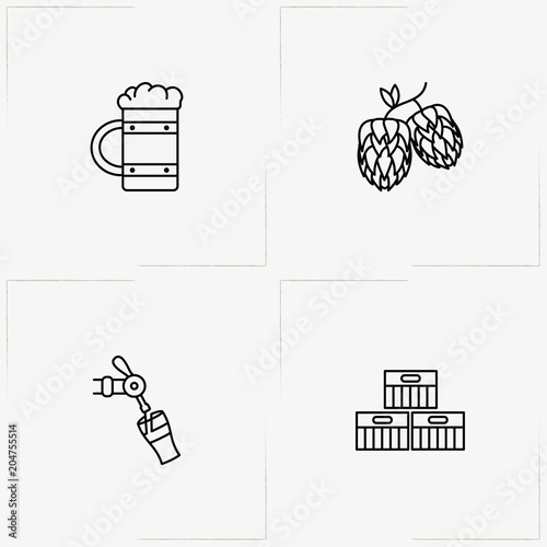 Beer line icon set with case of beer, beer tap  and beer