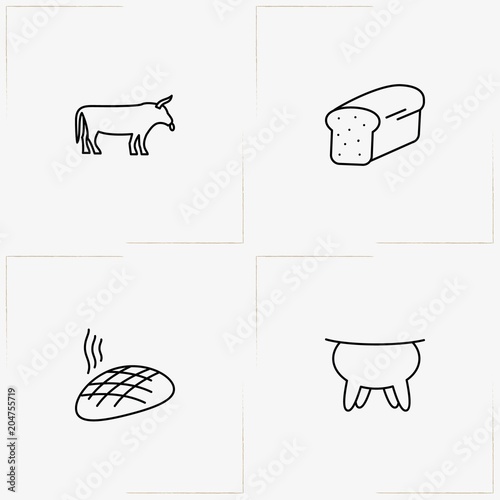 Bread & Milk line icon set with cow, udder and bread