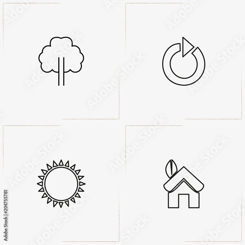 Ecology line icon set with eco house, tree and ecology arrow circle