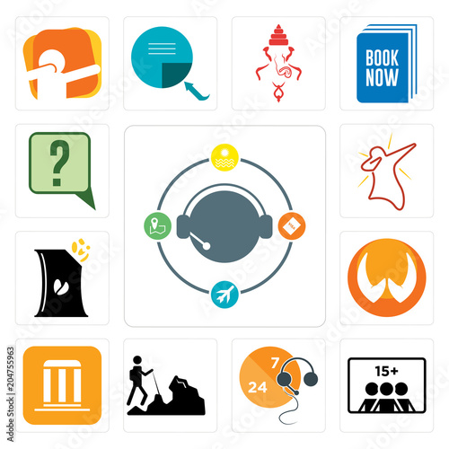 Set of travel agent, number players, live support, hiker, municipality, folded hands, bag chips, dab, inquiry icons