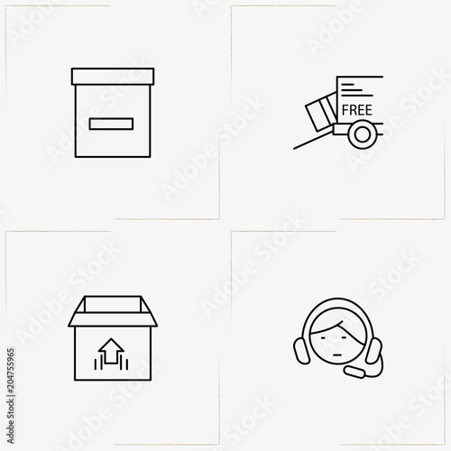 Delivery line icon set with box, parcel loading and online support