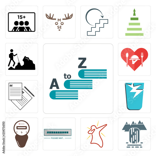 Set of vocabulary, waterfall, dab, buffering, electric meter, broken glass, request a quote, hospitality, hiker icons