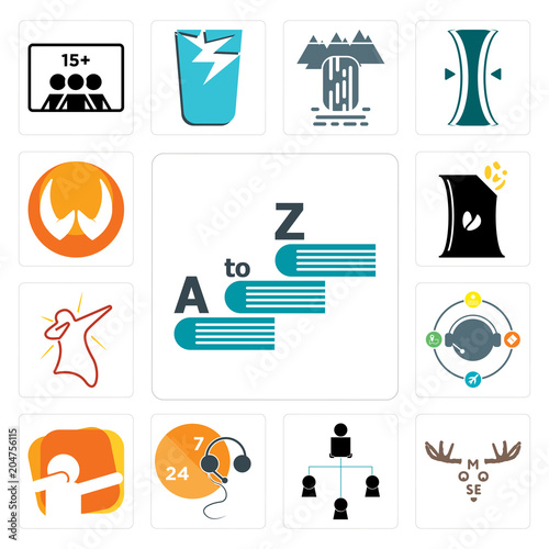 Set of vocabulary, moose, distributor, live support, dab, travel agent, bag chips, folded hands icons