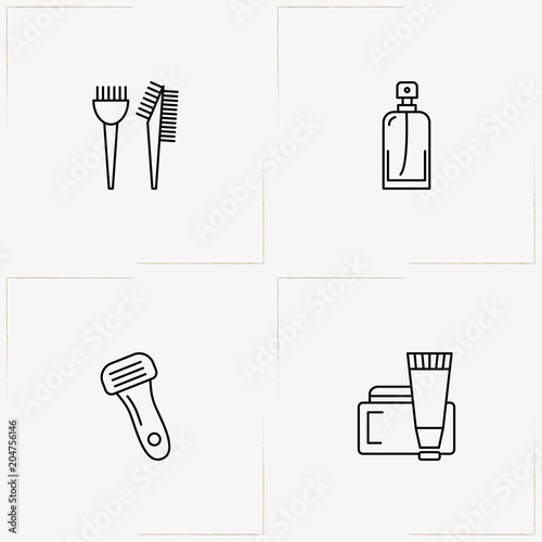 Barbershop line icon set with cream tube, perfume and shaver