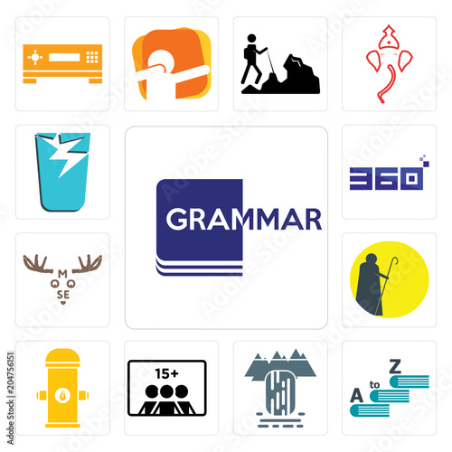 Set of grammar, vocabulary, waterfall, number players, fire hydrant, shepherd, moose, 360 degree, broken glass icons