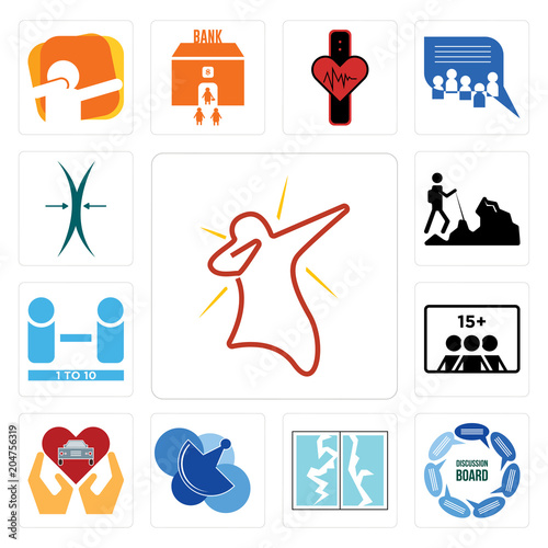 Set of dab, discussion board, broken glass, telecom, car dealer, number players, hiker, elastic icons