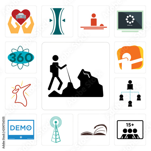 Set of hiker, number players, page turn, cell tower, demo, distributor, dab, 360 degree icons