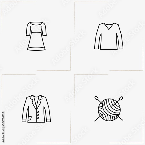 Clothes line icon set with blazer, dress and sewing hank