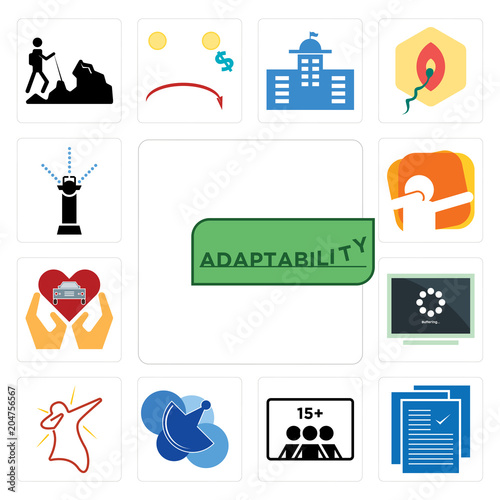 Set of adaptability, specification, number players, telecom, dab, buffering, car dealer, sprinkler icons