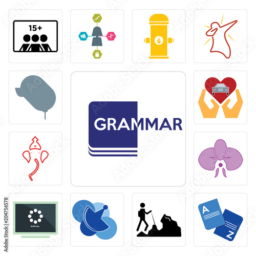 Set of grammar, vocabulary, hiker, telecom, buffering, orchid, ganesh, car dealer, dealer icons
