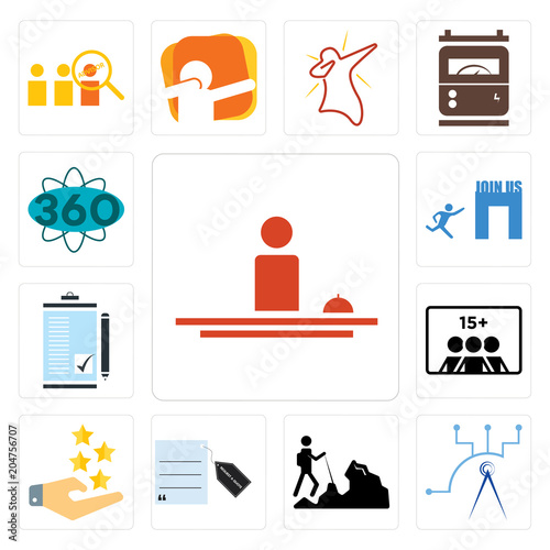Set of hospitality, telecom, hiker, request a quote, customer experience, number players, order form, join us, 360 degree icons