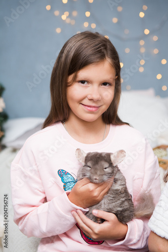 Cute girl with funny chinchilla in the home