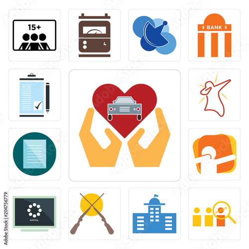 Set of car dealer, advisor, municipal, shotgun, buffering, dab, specification, order form icons