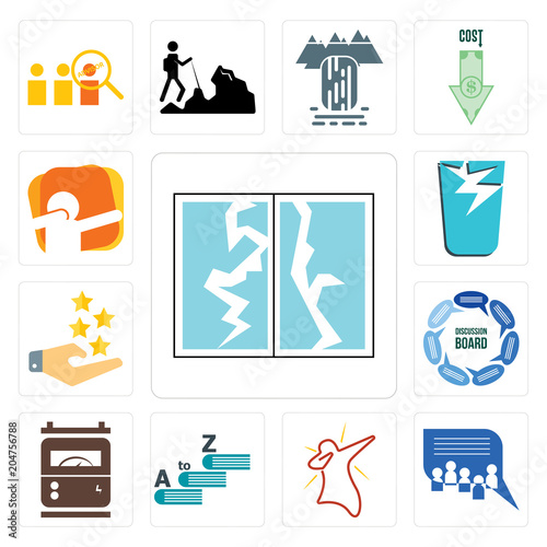 Set of broken glass, discussion board, dab, vocabulary, electric meter, customer experience, dab icons
