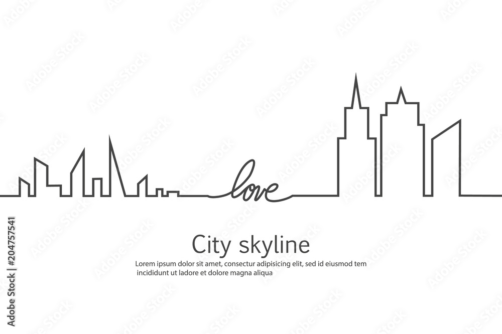 Silhouette of the city and heart and love in continuous drawing lines in a flat style. Modern urban landscape. Vector illustrations. City skyscrapers building office horizon.Continuous line drawing
